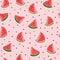 Cute, kawaii anthropomorphic cartoon watermelon slices seamless pattern