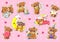 Cute Kawaii Bears Characters Set with Objects.