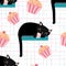 Cute kawaii black sleeping cats holding a pink cupcake with paws. Vector seamless pattern background. Cheeky cartoon