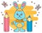 Cute Kawaii Bunny with Pencils, Butterfly and Sparkles.