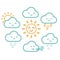 Cute kawaii cartoon weather symbols with faces. Childrens vector illustration of sunshine, clouds, rain, snow, wind and thunder.