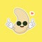 Cute and kawaii cashew kidney shape nut flat cartoon character. Vector bean with head and eyes, comic superfood hero. Vegetarian