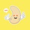 Cute and kawaii cashew kidney shape nut flat cartoon character. Vector bean with head and eyes, comic superfood hero. Vegetarian