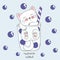 Cute kawaii cat in anime style in a glass of blueberries cocktail with violet bubbles, drawing for childrens menu, cocktail party