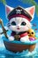 A cute kawaii cat wearing pirate hat, sailing a boat, cartoon style, adorable, animal creatures, fantasy