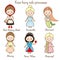 Cute kawaii fairy tales characters. Snow white, red riding hood, rapunzel, cinderella and other princess in beautiful dresses. Car