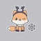 Cute kawaii fox sticker. Happy little fox wearing deer horns on its head and a snowflake next to it