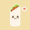 Cute and kawaii funny smiling happy burrito. Mexican food flat design vector illustration. Traditional Mexican meal, fast food.