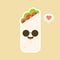 Cute and kawaii funny smiling happy burrito. Mexican food flat design vector illustration. Traditional Mexican meal, fast food.