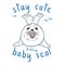 Cute kawaii fur seal, stay cute slogan, isolated baby nerpa on white background with doodle elements, animal extinction problem,