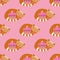 Cute kawaii ginger cats curled around pink cupcakes. Vector seamless pattern background. Backdrop with cartoon kitties