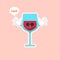 cute and kawaii glass of red wine, cartoon character design. Alcohol mascot. Transparent glass. Flat vector illustration isolated