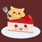 Cute kawaii hamster with fork, Sweet cake decorated with fresh Strawberry, pink cream and icing, pastel colors on brown background