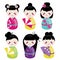 Cute kawaii kokeshi set. Traditional japanese dolls. Stickers, design elements