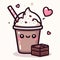 Cute kawaii milkshake cup with chocolate and hearts, sweet cream mocha, Vector illustration, generative ai