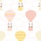 Cute Kawaii panda travelling in hot air balloons seamless vector pattern background. Pastel pink yellow backdrop with