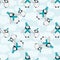 Cute Kawaii penguin baby vector seamless pattern background. Pairs of cartoon emperor chicks with blue hats, standing on