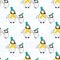Cute Kawaii penguin baby vector seamless pattern background. Pairs of cartoon emperor chicks with blue hats, yellow