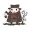 Cute kawaii plague doctor stands with an oil lamp