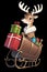 A cute kawaii reindeer on a sleigh full of christmas gifts, in a holiday costums, cheerful, cartoon, no background, animal design
