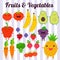 Cute kawaii smiling fruits and vegetables on blue background. Healthy style collection. Vector illustration.