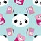Cute Kawaii style laughing pandas, backpacks, notebooks and pencils. Seamless vector pattern on confetti textured blue