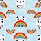 Cute Kawaii style laughing pandas and rainbows Seamless vector pattern on cloud textured blue background. Great for