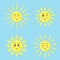 Cute kawaii sun. Cartoon funny smiling character with different emotions. Four yellow suns on blue background