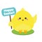 Cute kawaii yellow chicken holding greeting banner. Easter symbol