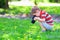 Cute kid boy photographing flowers