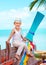 Cute kid, boy sitting on old boat on tropical beach