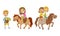 Cute Kid Feeding Their Horses with Carrot and Sitting on Horseback Vector Set