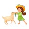 Cute kid girl in green dress with hat give carrot to goat