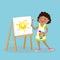 Cute kid girl painter,happy female child character with with a brush and paints