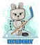 Cute kid Hare on ice. Childrens winter sports. Illustration for children. Hockey stick and puck. Sport. Funny animal in