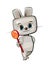 Cute kid Hare stretches out his hand offering a treat. He wants to present a sweetness lollipop. Funny animal baby