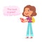 Cute kid holding book with phrase This book is great in chat bubble, funny girl student