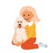 Cute kid hugging dog, portrait of girl and white poodle puppy, hugs of child and animal