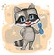 Cute kid Raccoon athlete. Dumbbell Exercise. Childrens sports. Cheerful animal. Cartoon style. Illustration for children