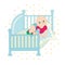 A cute kid is sitting on the bed. he folded his hands on the pillow. the cot is blue. Child illustration on a decorative backgroun