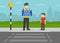 Cute kid is waiting at crosswalk with belisha beacons. Police officer holding `Wait for drivers to give way` warning design poster