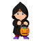 Cute kid witch walking in black cloak