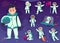 Cute kids astronauts, rocket and planets set flat vector illustration isolated.