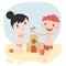 cute kids boy and girl build sandcastle in summer flat vector