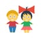 Cute kids. Cartoon boy and girl. Auburn curly-haired boy. Cheerful girl with a red bow.