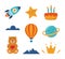 Cute kids decorative elements: rocket, star, planet, teddy bear, cloud, cake, aerostat. Cartoon illustration for children`s