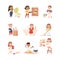 Cute Kids Doing Housework and Housekeeping Washing the Dishes and Dusting Vector Set