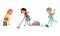 Cute Kids Doing Housework Set, Children Collecting Plastic Waste and Cleaning Floor Cartoon Style Vector Illustration