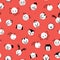 Cute kids doodle animal Polka dots seamless vector background. Pattern with white circles with animal faces on red