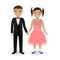 Cute kids in elegant festive clothing holding hands. Boy in tuxedo and girl in beautiful gown.